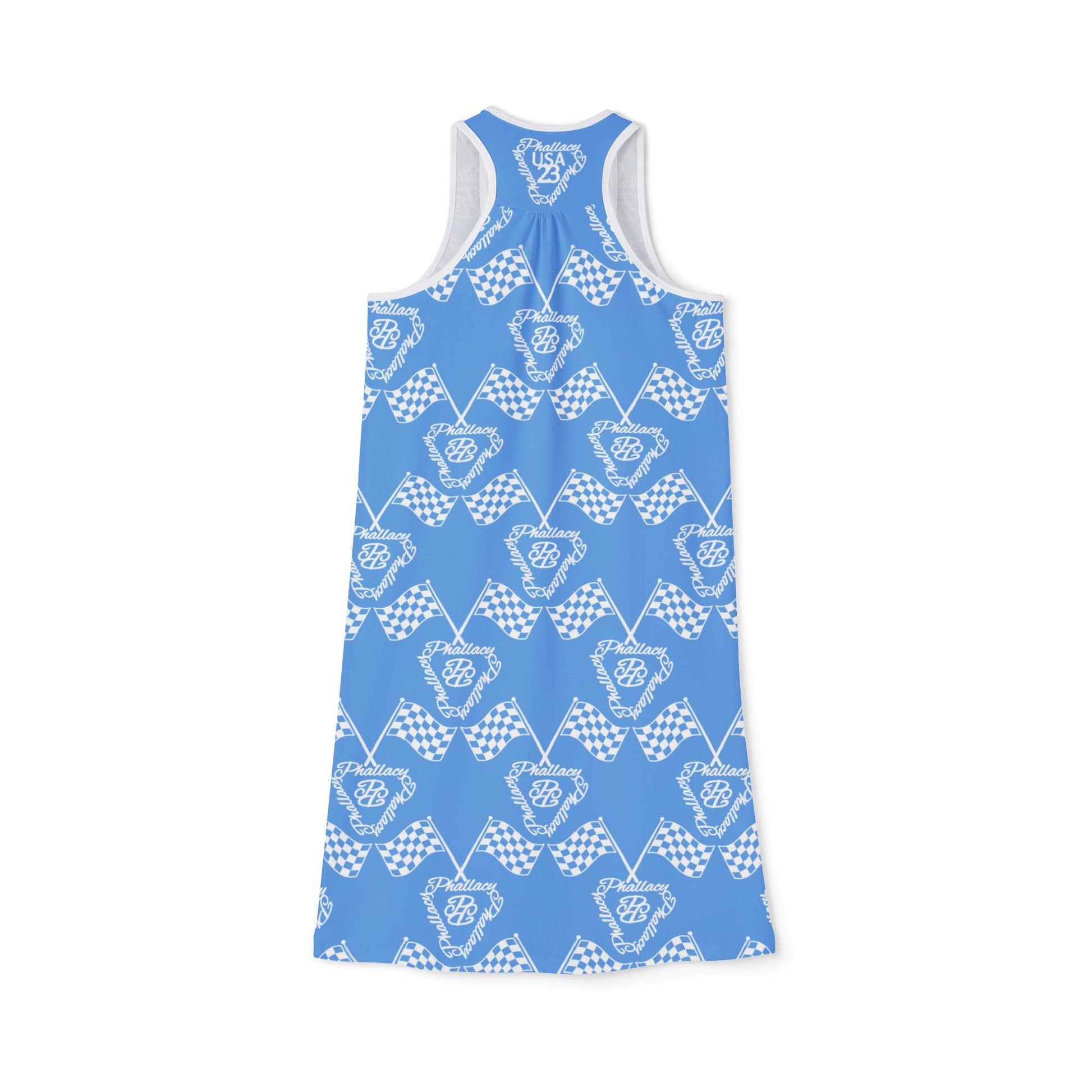 Blue patterned women's activewear summer dress with a racerback design for warm weather activities