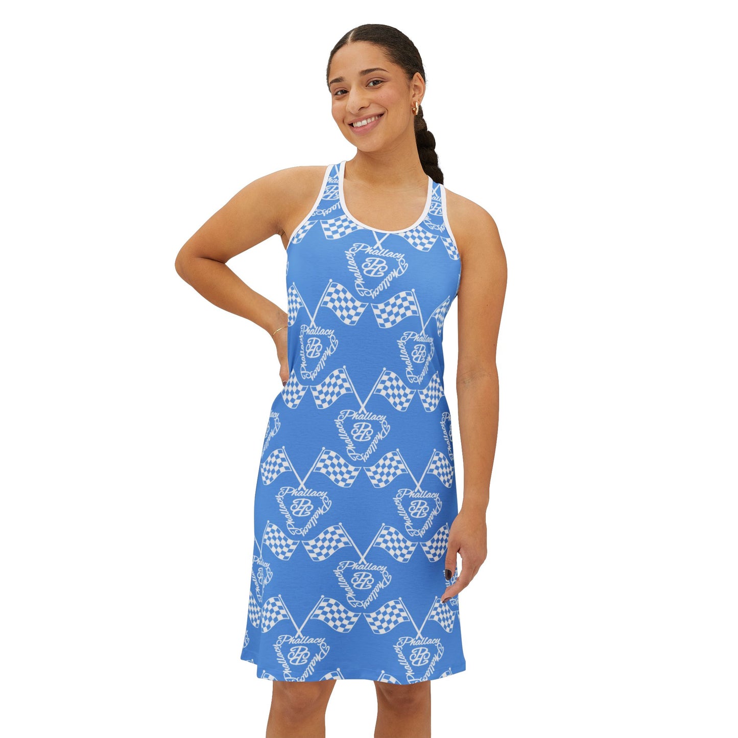 Blue women's activewear summer dress with checkered pattern, perfect for casual outings.