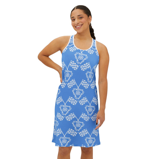 Blue women's activewear summer dress with checkered pattern, perfect for casual outings.