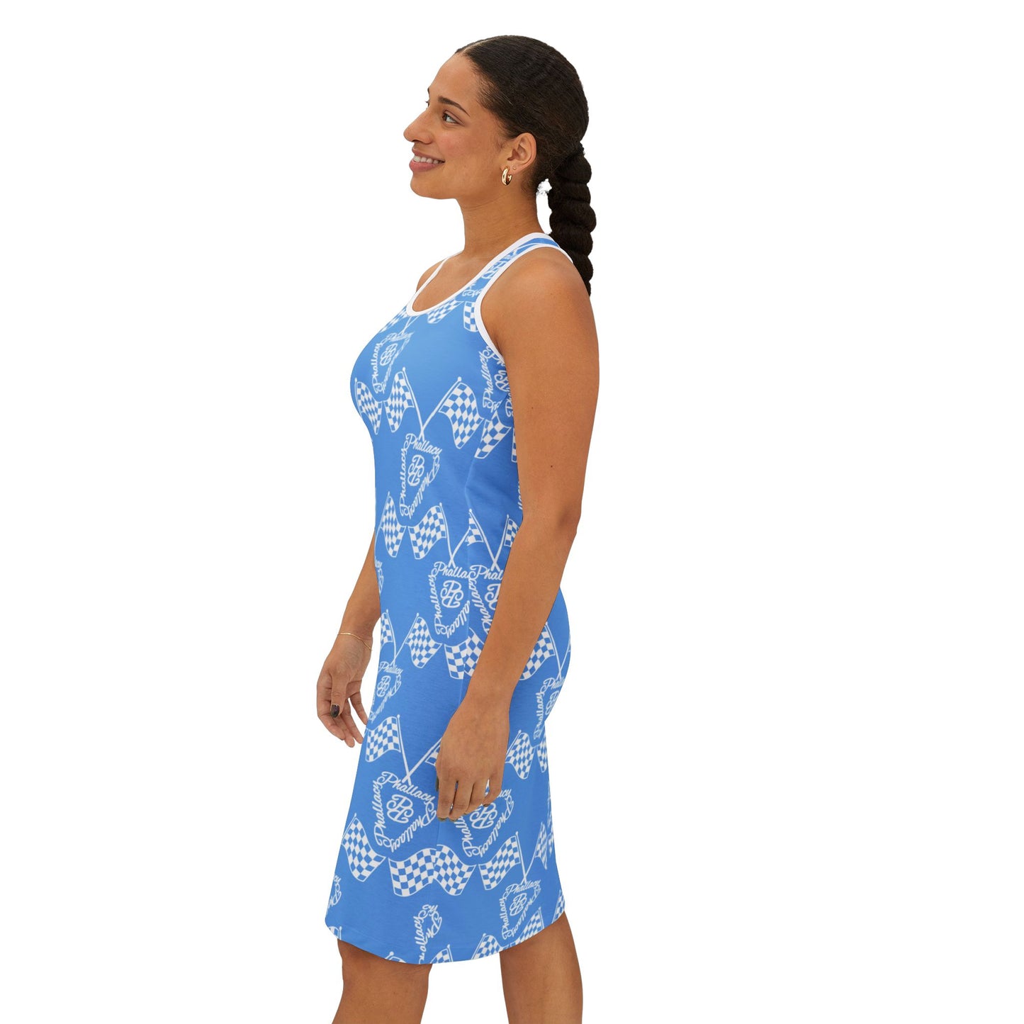 Blue women's activewear summer dress with a stylish geometric pattern for warm weather outings